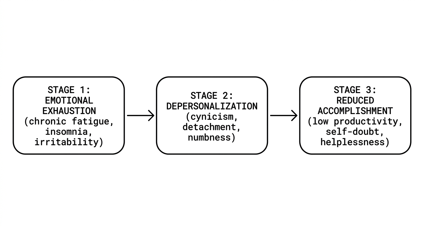 번아웃 3단계 진행 흐름도 — 감정 고갈에서 비인격화, 성취감 저하로 이어지는 과정