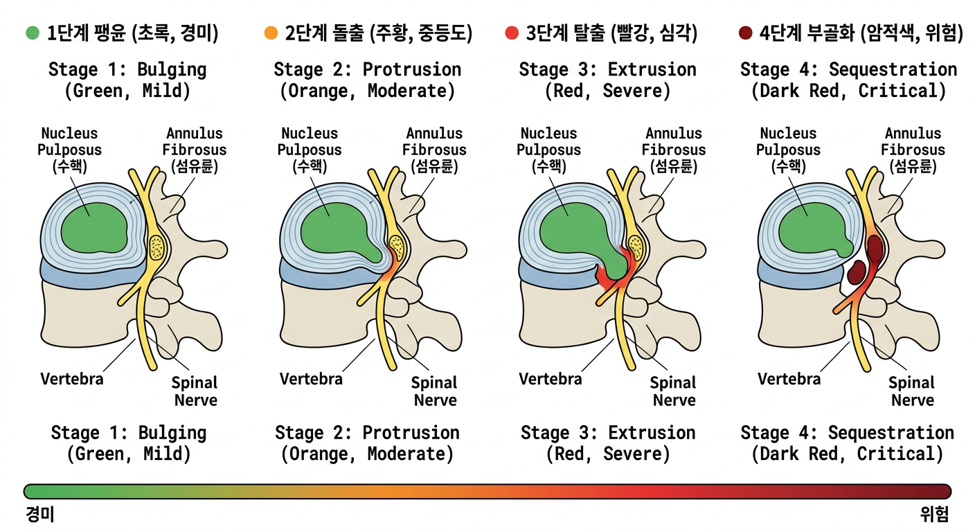 허리디스크 4단계 진행 과정 — 팽윤에서 부골화까지의 척추 단면 다이어그램
