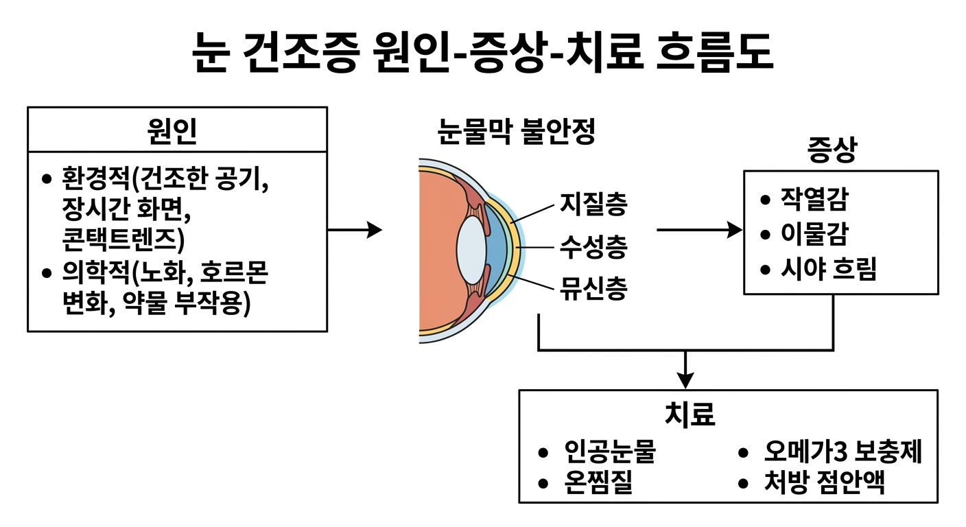 눈 건조증 원인에서 증상, 치료까지의 흐름을 보여주는 다이어그램