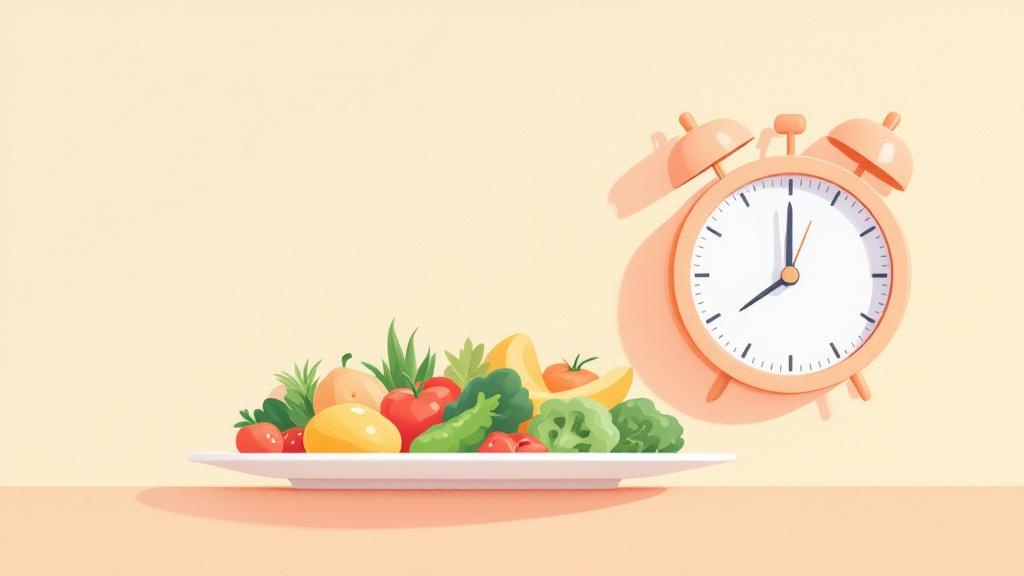 A of an analog clock next to a plate with healthy food