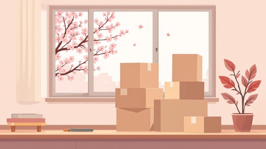 A of moving cardboard boxes stacked near a window with sp...