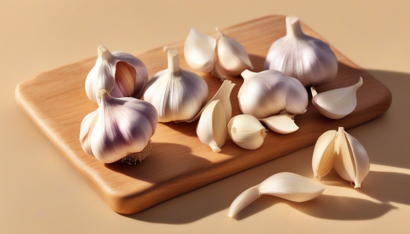 A of garlic bulbs and peeled garlic cloves arranged on a ...