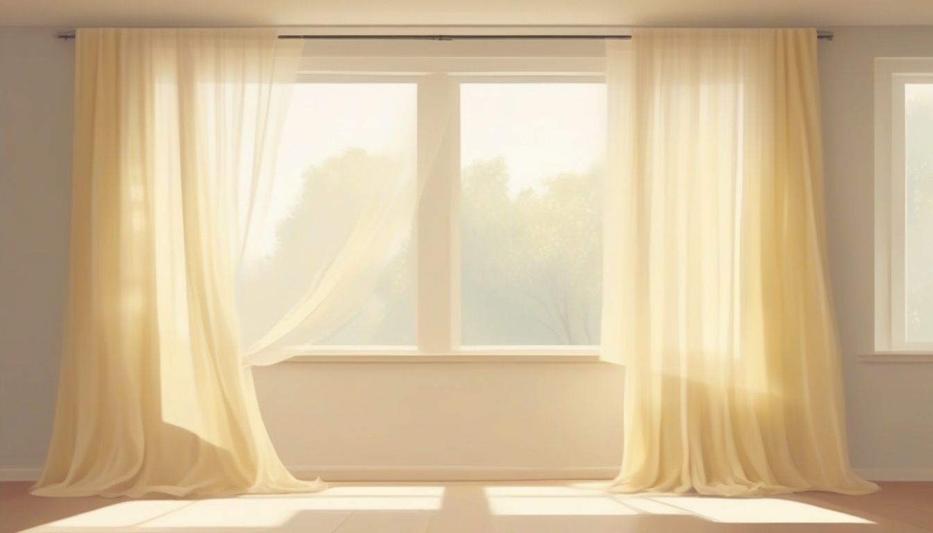 A of sheer linen curtains gently billowing near a bright ...