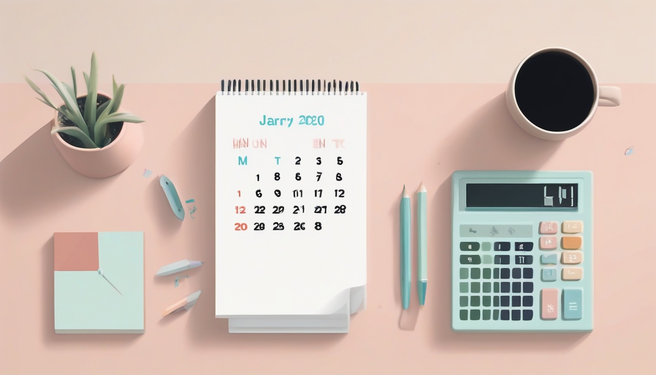 A of a calendar with date circled and a calculator beside...