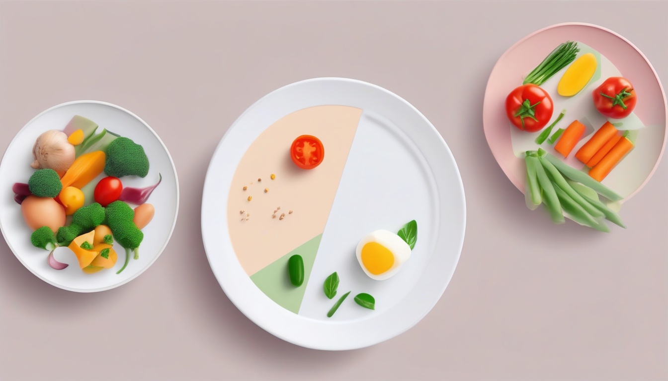 A of a clean white plate divided into three colorful sect...