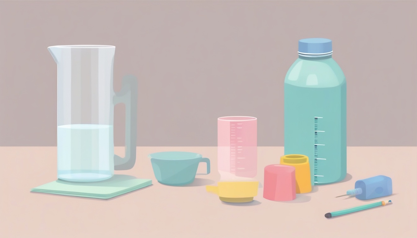 A of a measuring cup next to a water bottle with subtle m...