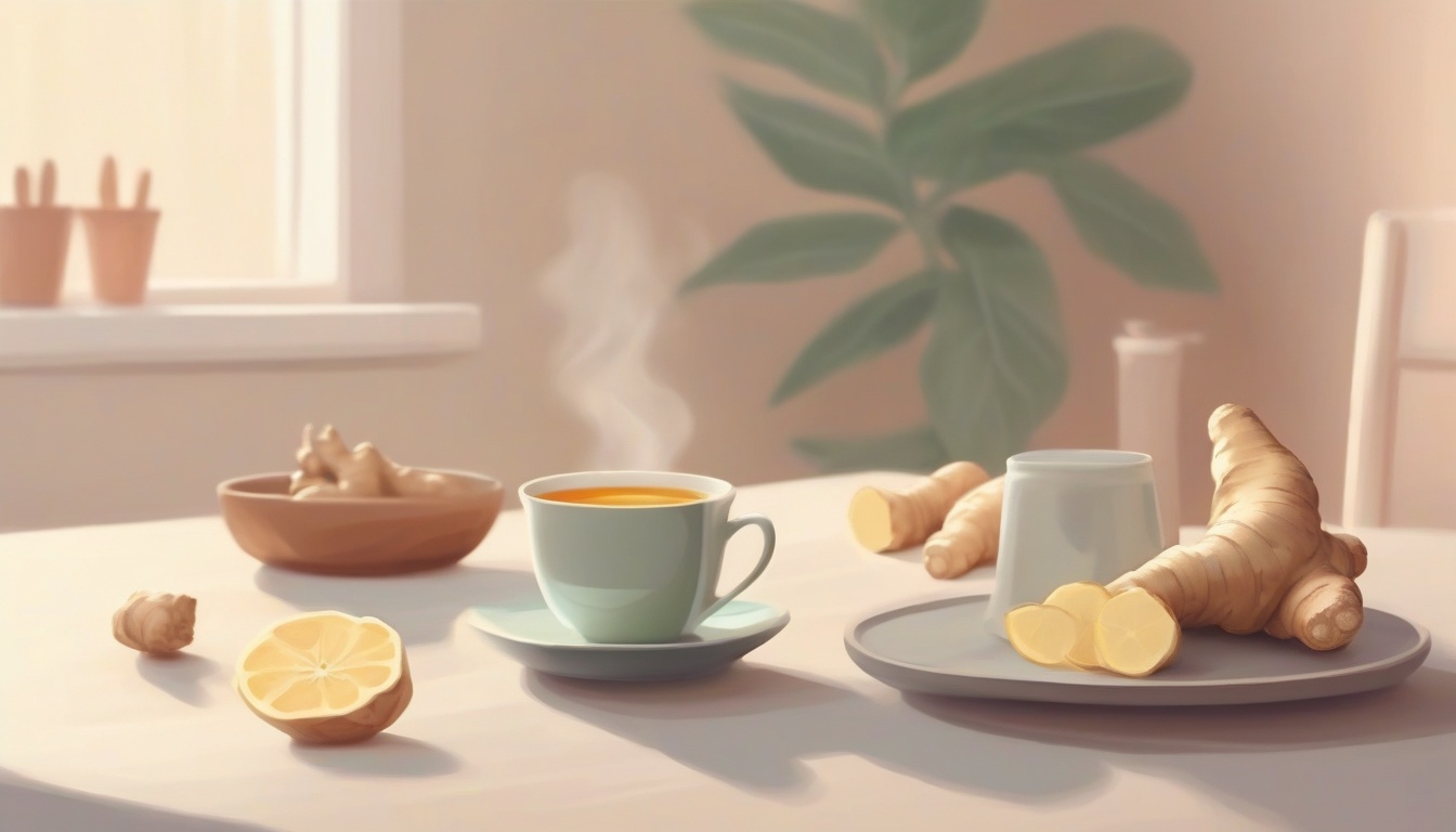 A of fresh ginger root and a steaming cup of ginger tea o...