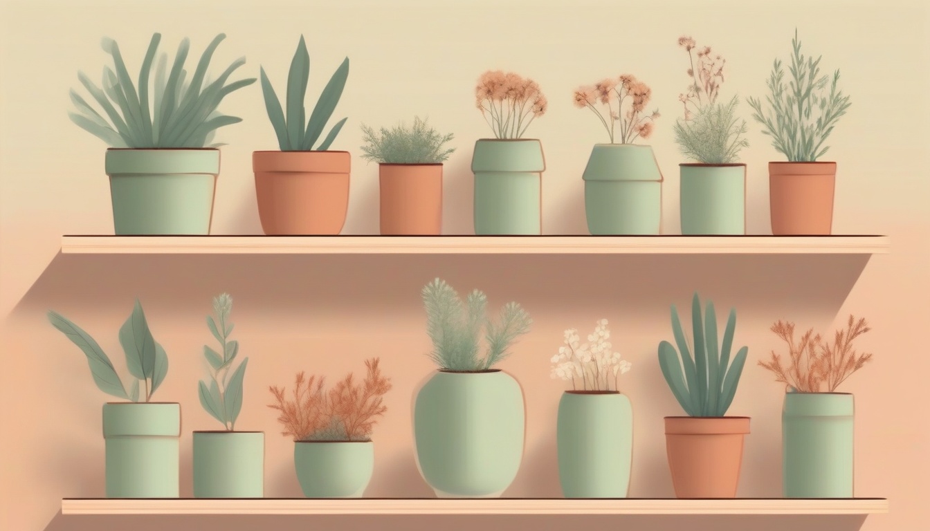 A of small potted plants and dried flowers arranged on a ...