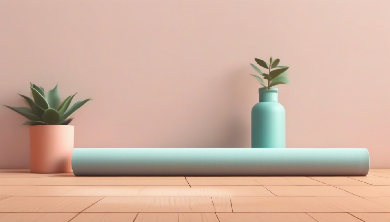 A of a neatly rolled yoga mat next to a small potted plan...