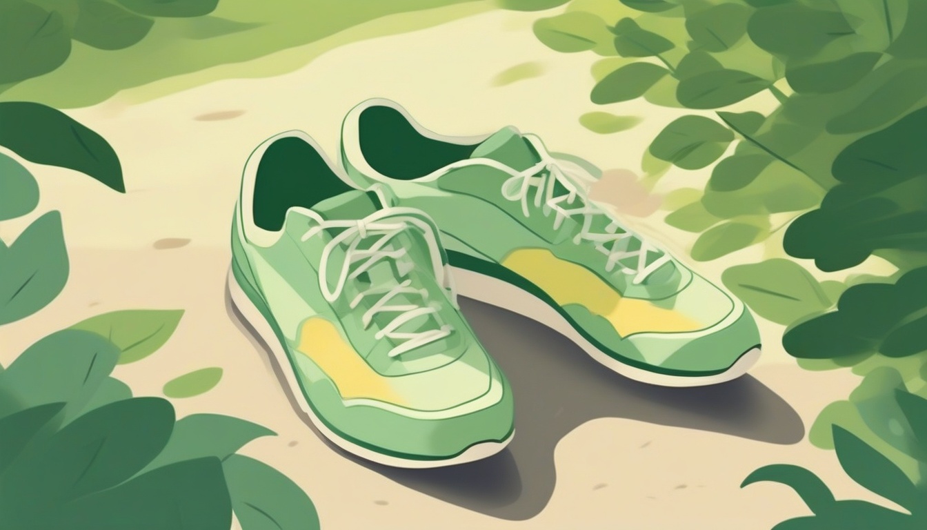 A of a pair of running shoes resting on a sunlit park pat...