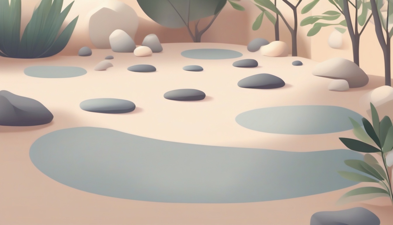 A of a calm zen garden with smooth stones and a small wat...