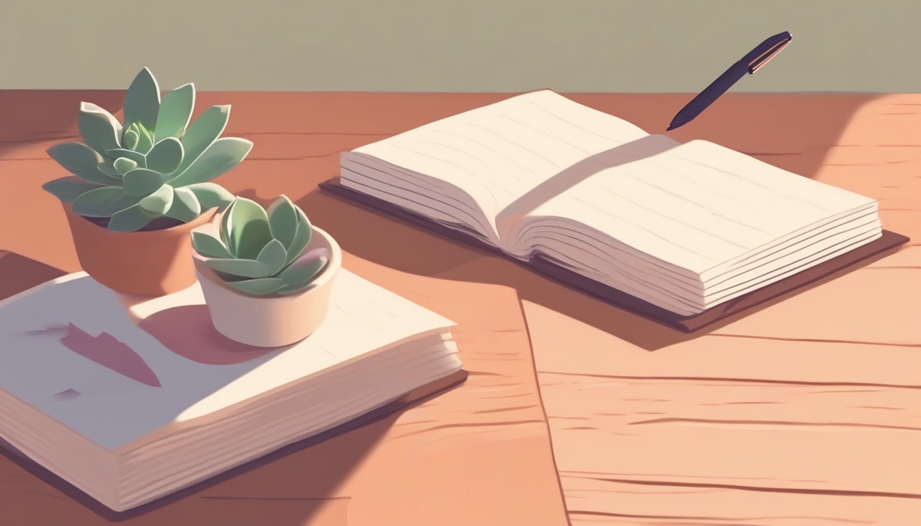 A of an open journal on a warm wooden desk with a pen and...