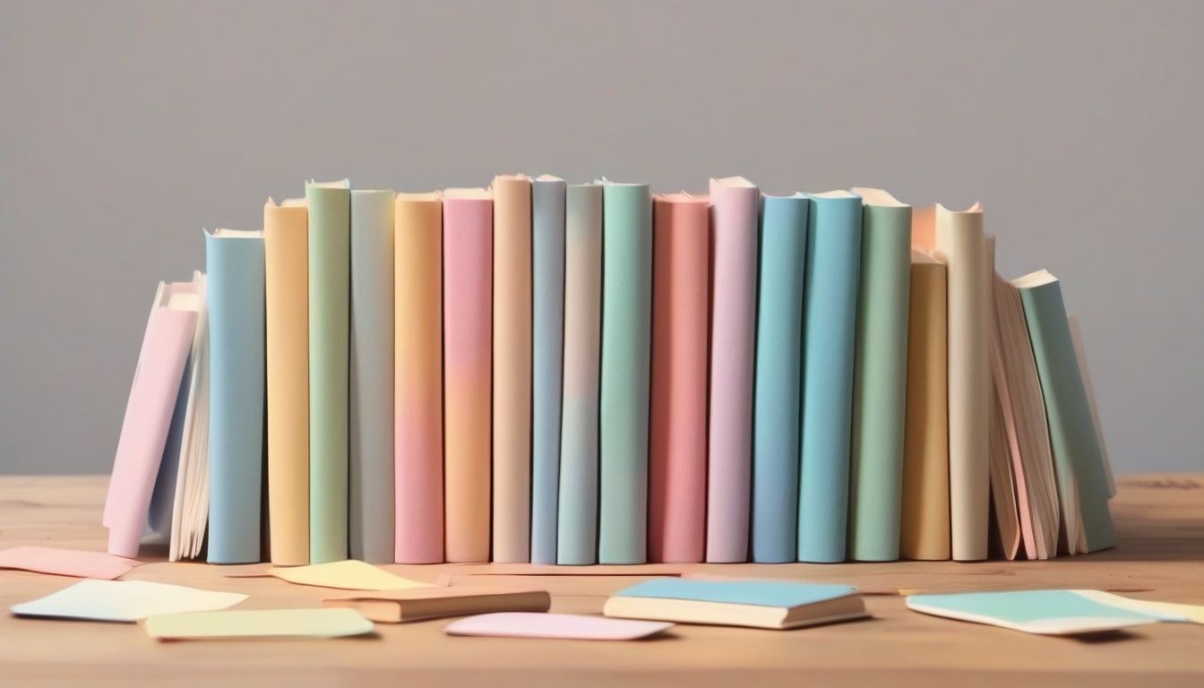 A of several open books with colorful bookmarks scattered...