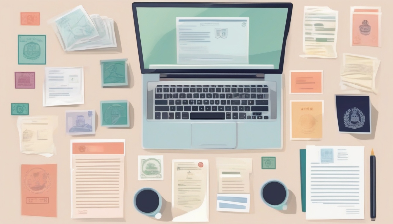 A of official documents and stamps on a desk with a lapto...