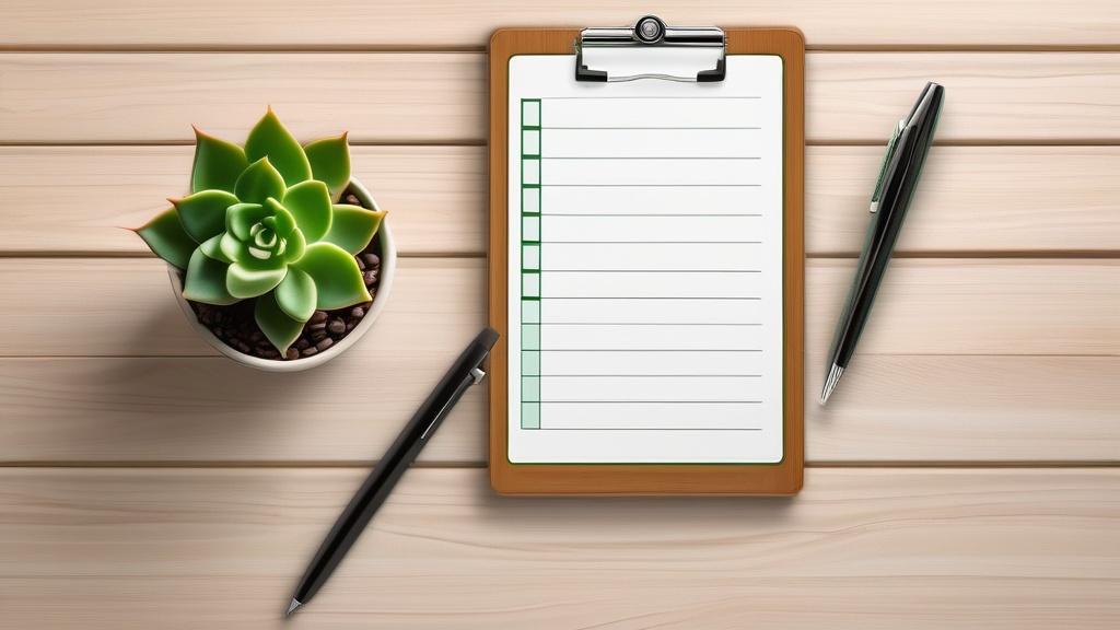 A of a checklist on a clipboard with a pen beside it