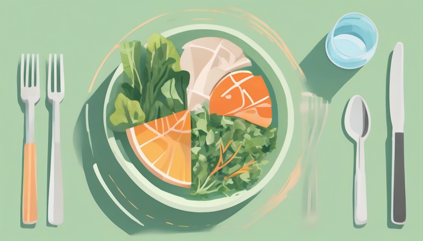 A of a round plate with colorful food sections including ...