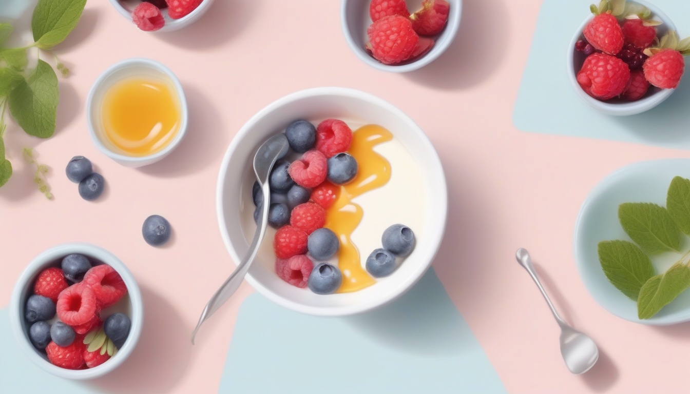 A of a yogurt bowl with honey drizzle and fresh spring be...