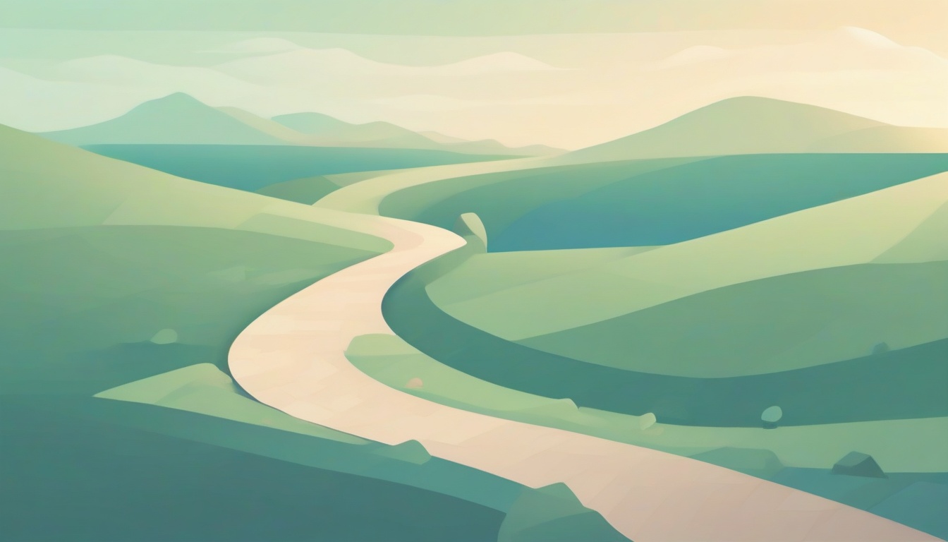 A of a winding path going uphill with milestone markers