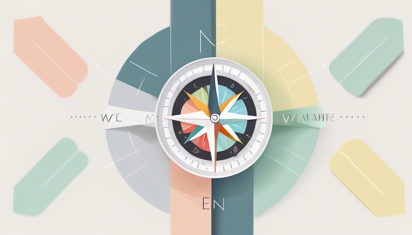 A of a compass with four different colored directions on ...