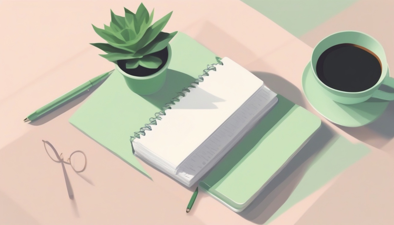 A of an open notebook with a pen and a small potted plant...