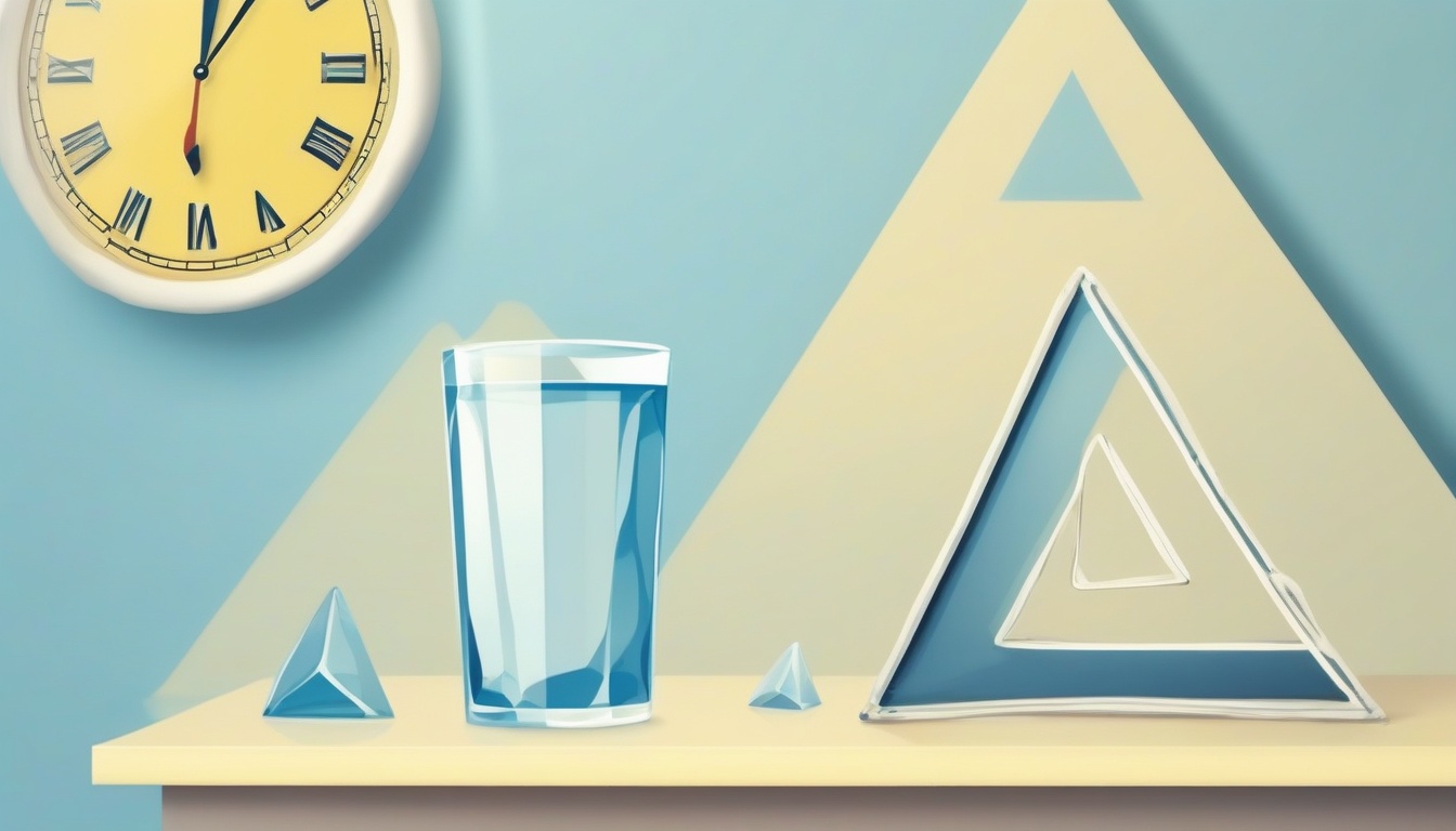 A of a warning triangle sign next to a clock and a glass ...