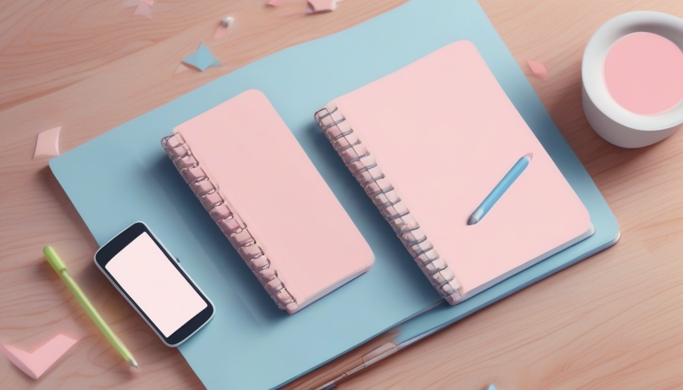 A of an open notebook and a smartphone side by side on a ...