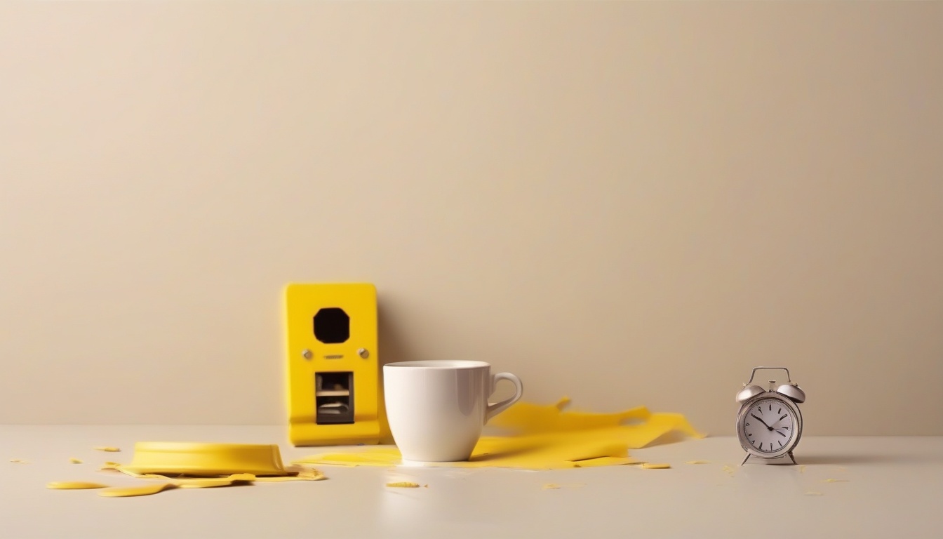 A of a yellow caution sign beside a broken clock and an e...