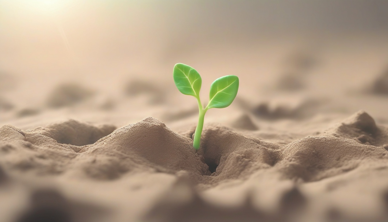 A of a small green sprout growing from cracked dry soil w...