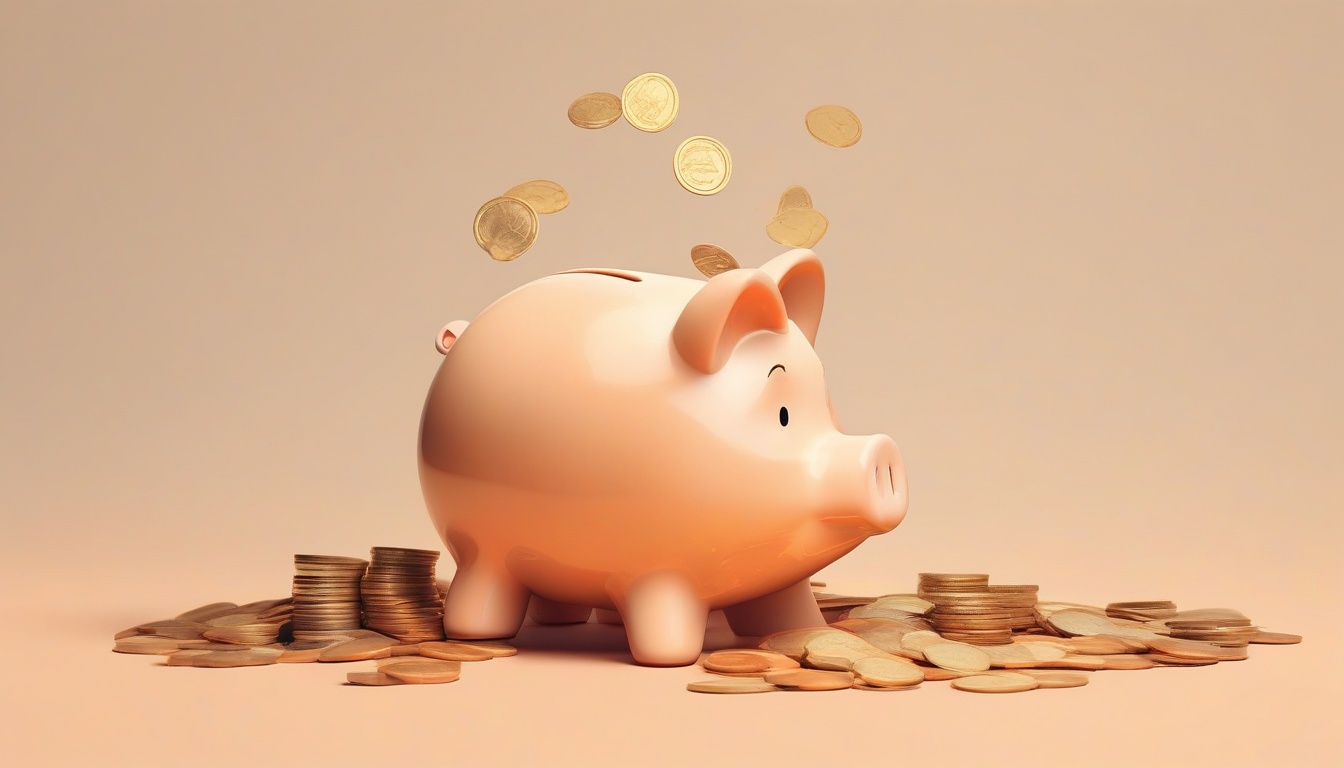 A of a cracked piggy bank with coins spilling onto a table