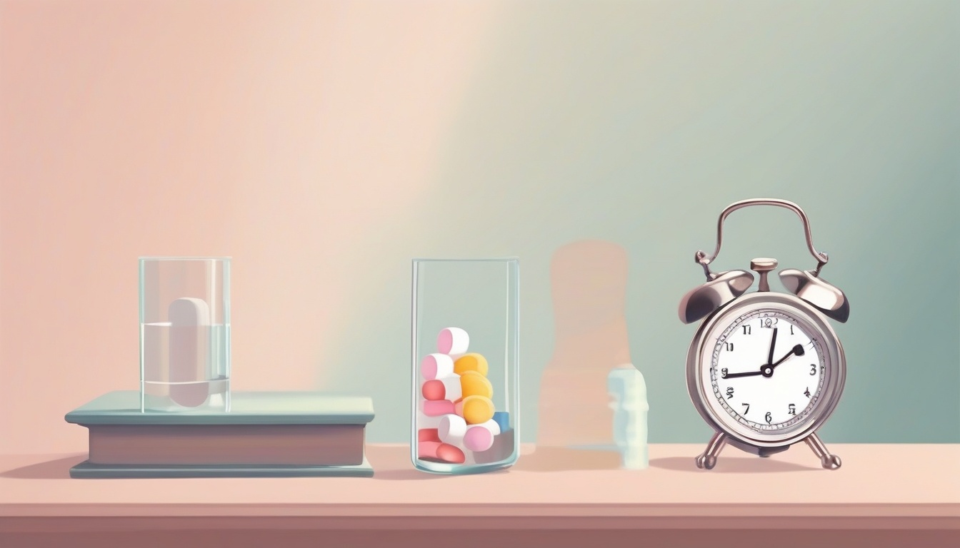 A of medicine pills next to a glass of water and a small ...