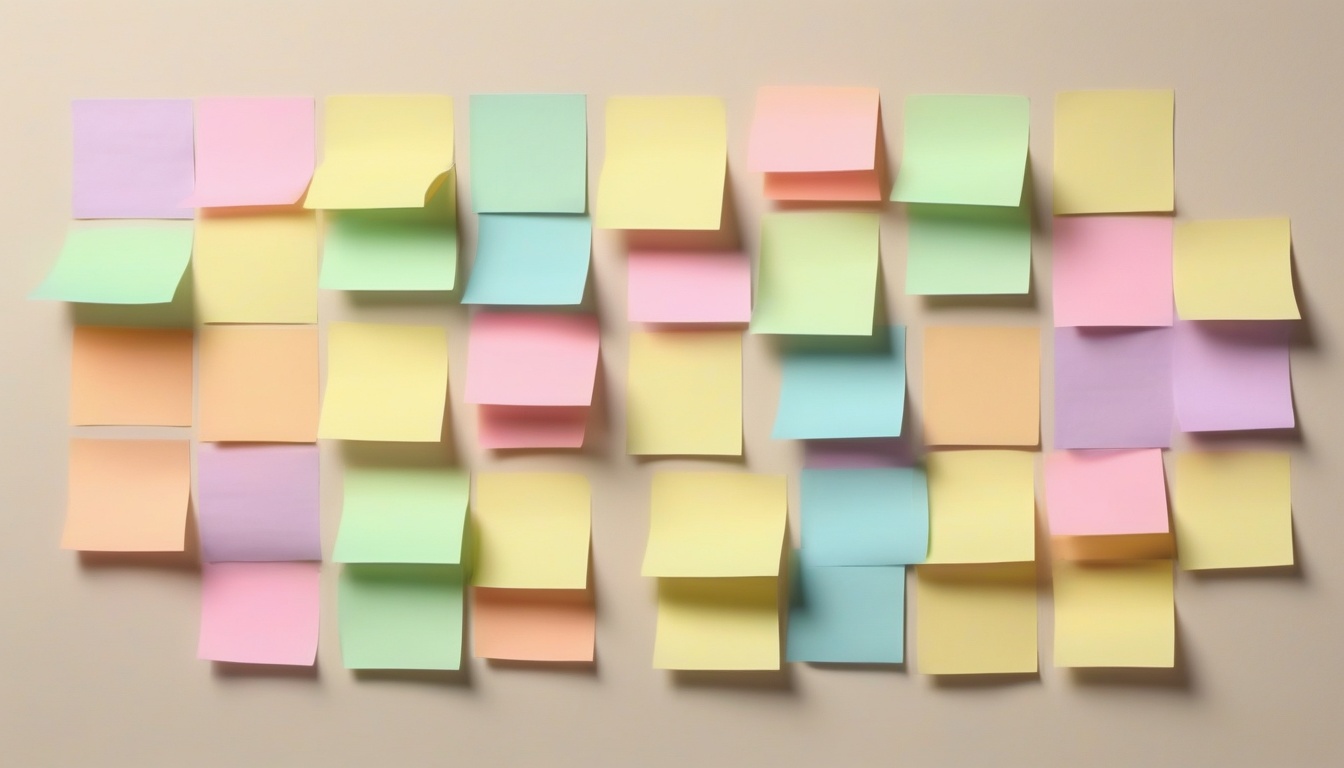 A of colorful pastel sticky notes arranged in a neat orga...