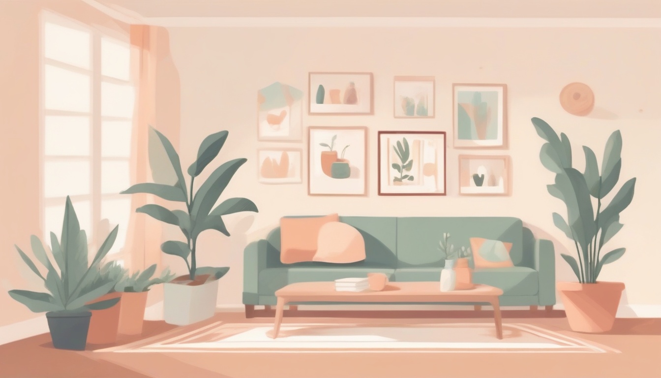 A of a cozy spring living room with various small decor i...