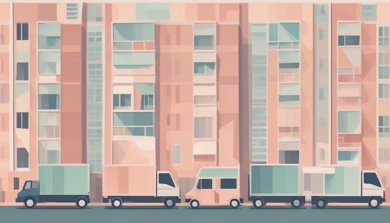 A of a moving truck parked outside an apartment building ...