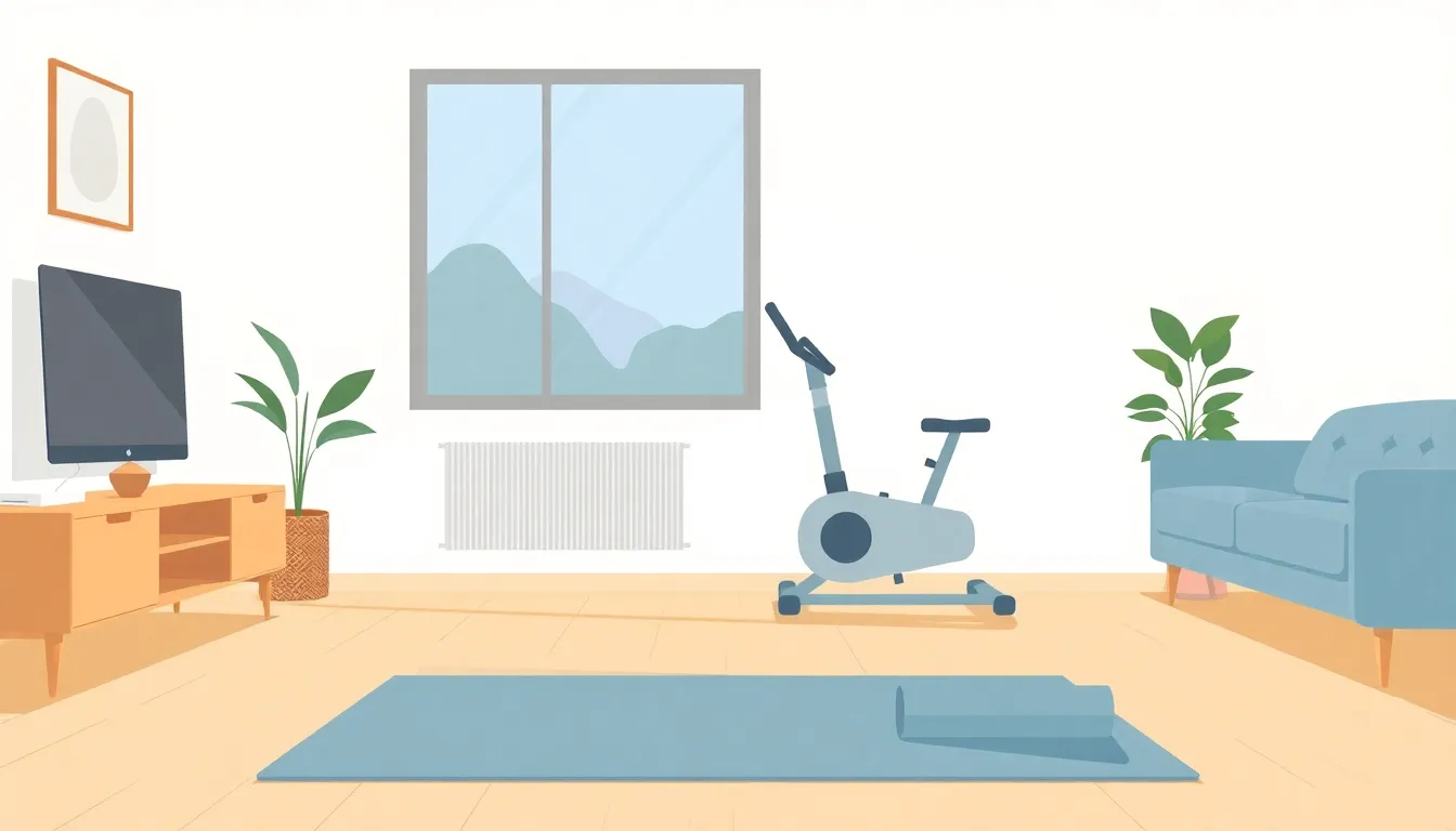 A of a cozy apartment living room with a yoga mat rolled ...