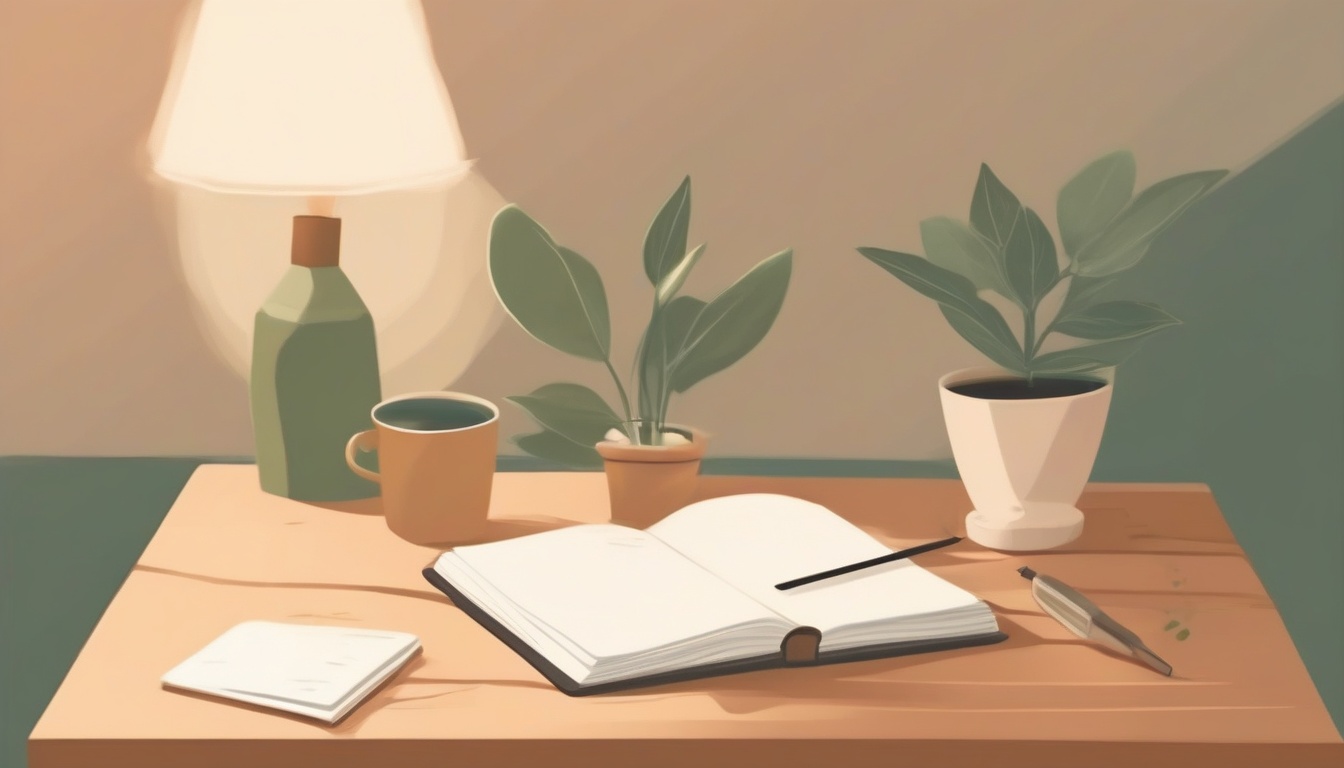 A of a cozy wooden desk with a warm glowing lamp