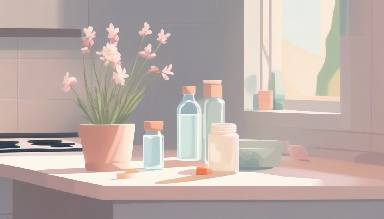 A of a cozy kitchen counter with a glass of water