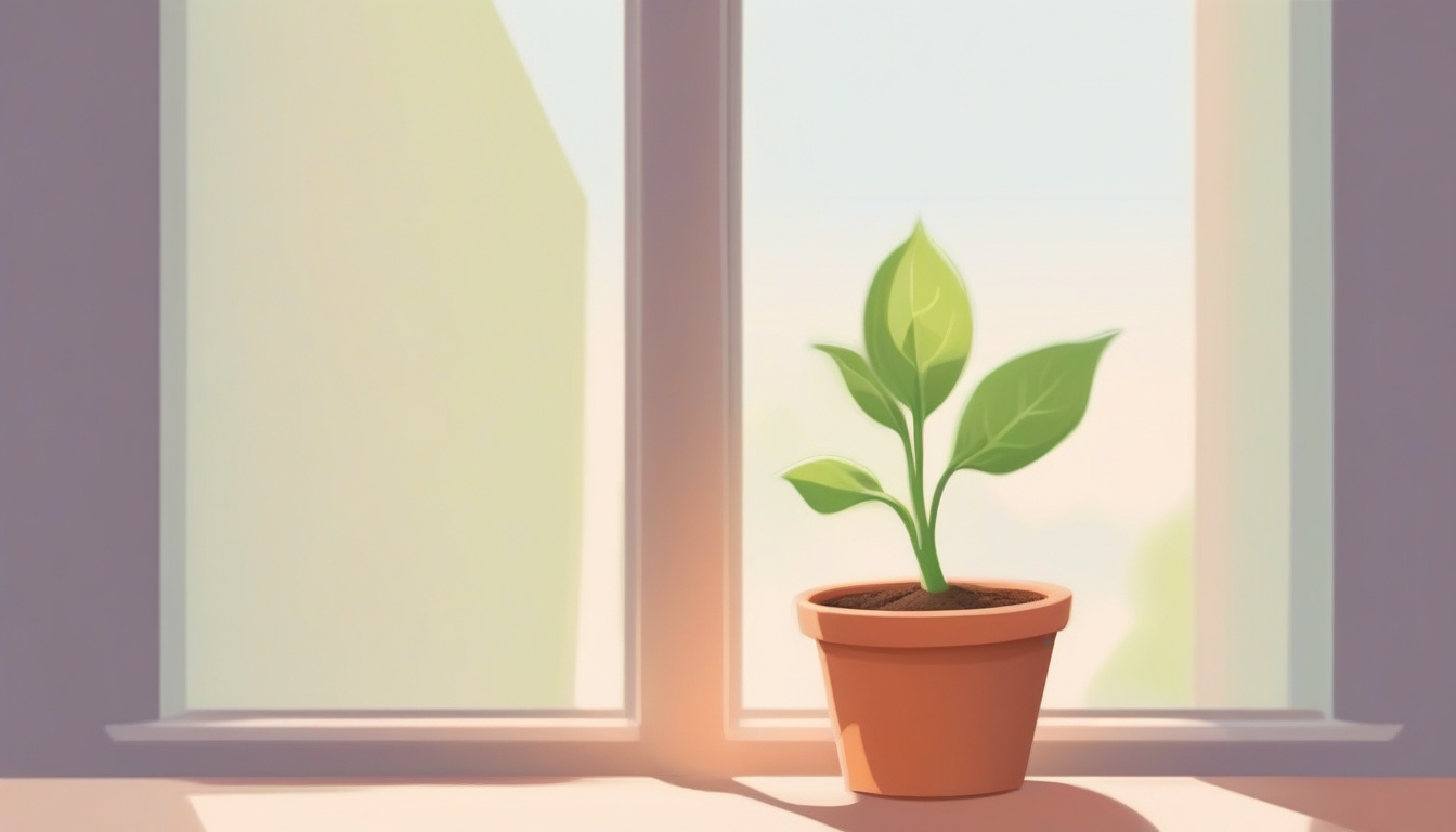 A of a small green sprout growing from a terracotta pot o...