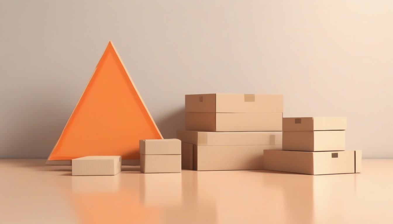 A of a bright orange warning triangle sign next to a stac...