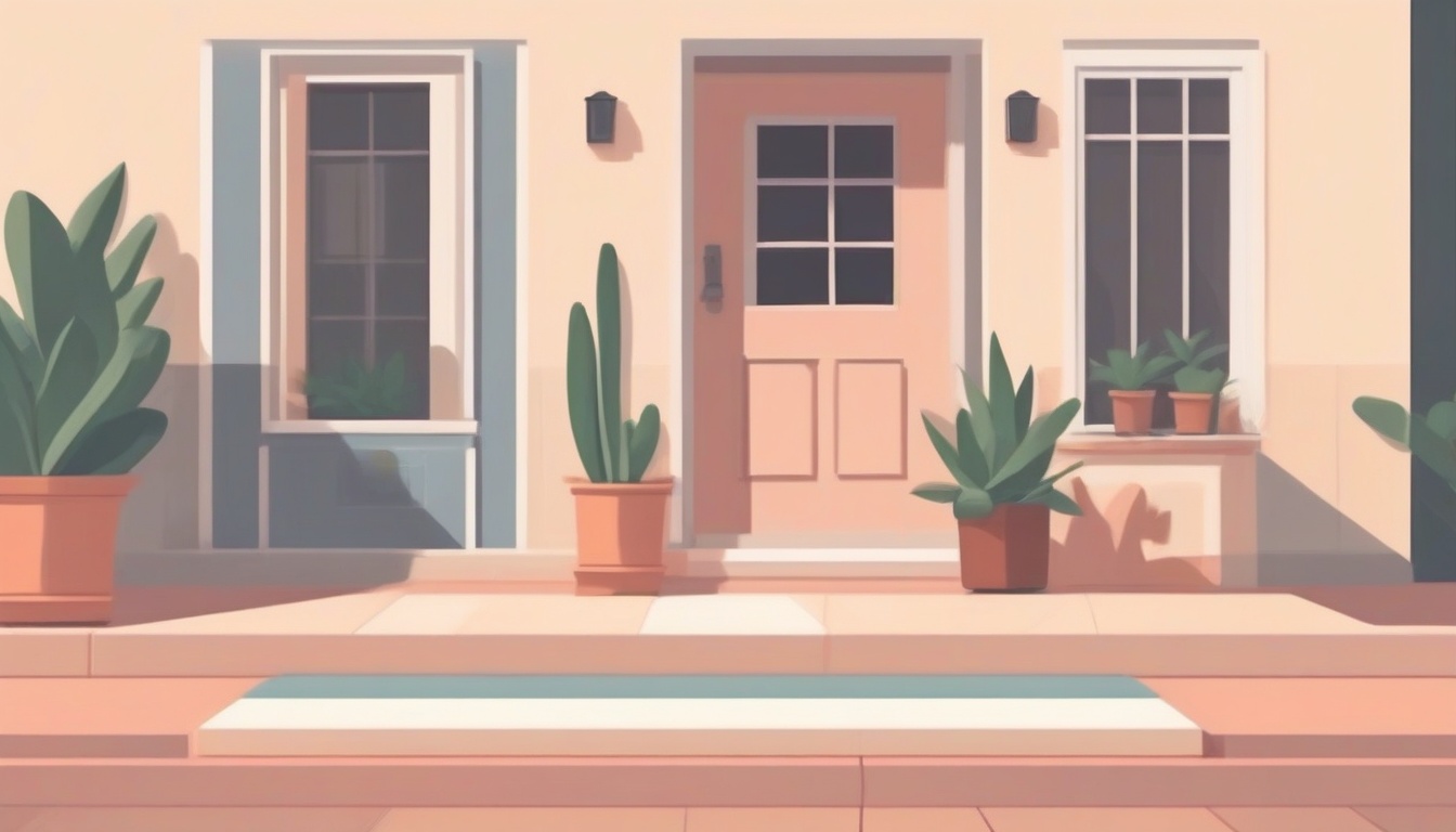 A of a house with a welcome doormat and potted plant by t...