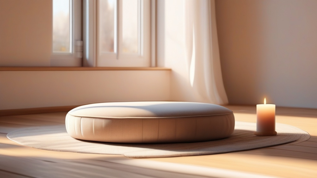A of a round meditation cushion next to softly glowing ca...