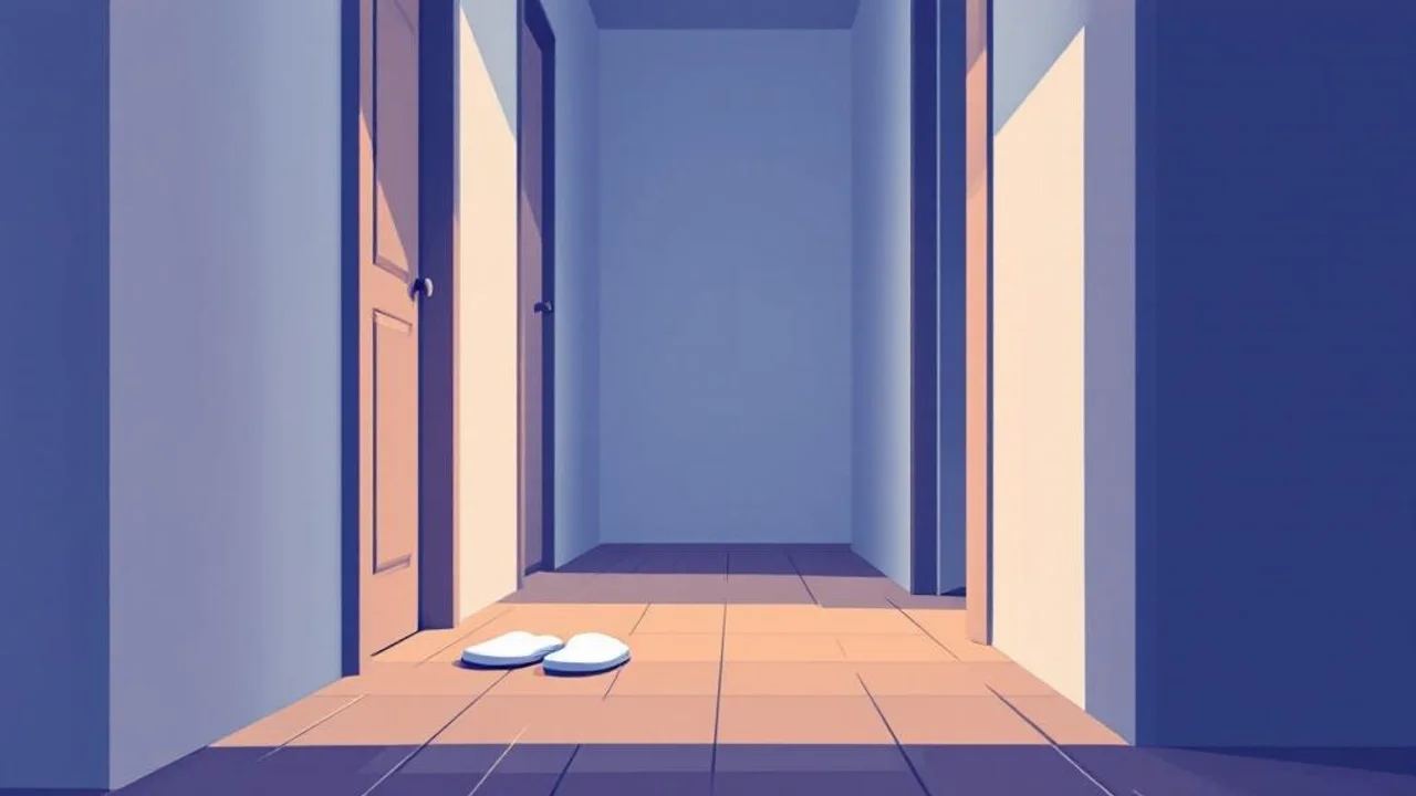 A of a quiet apartment hallway at night with a single pai...