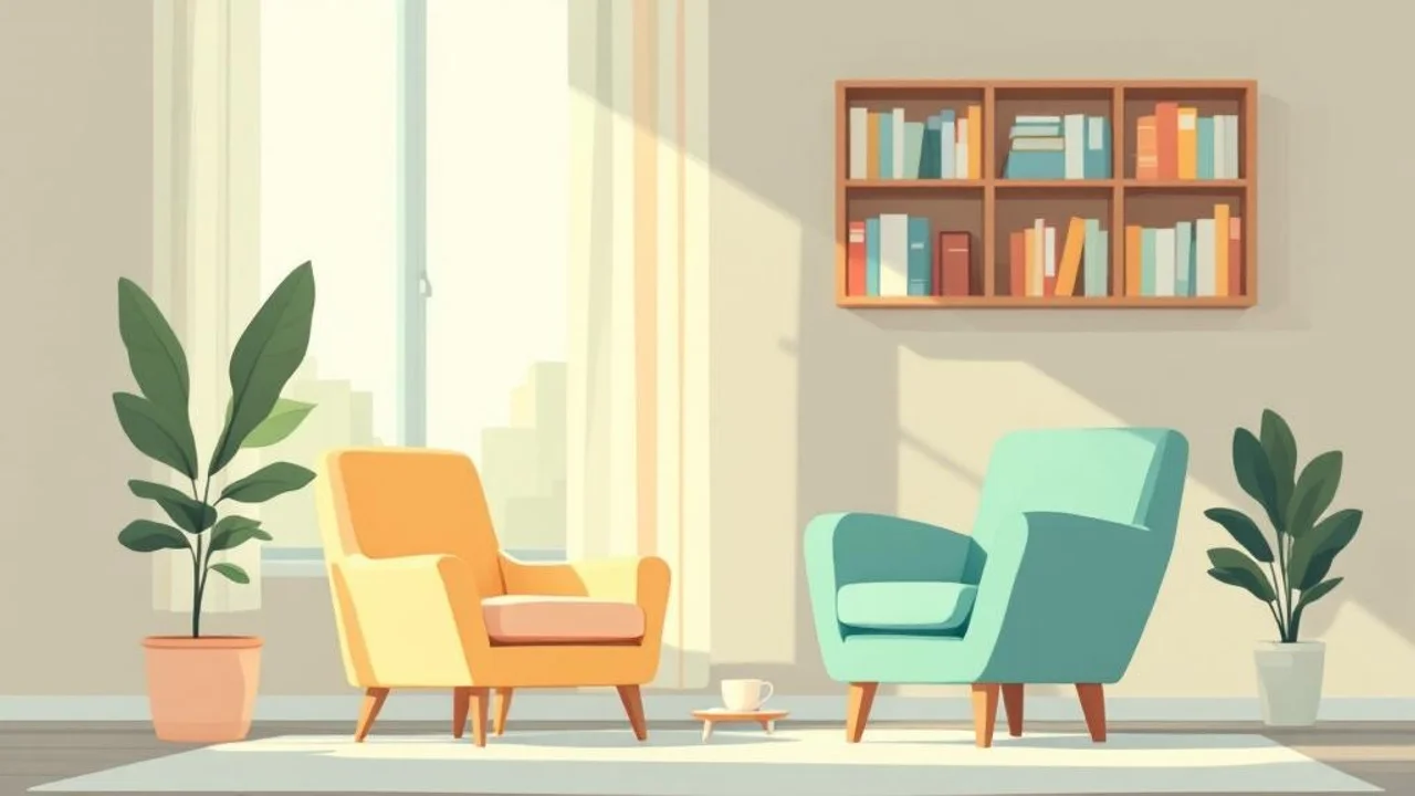 A of a quiet warm-toned room with a bookshelf