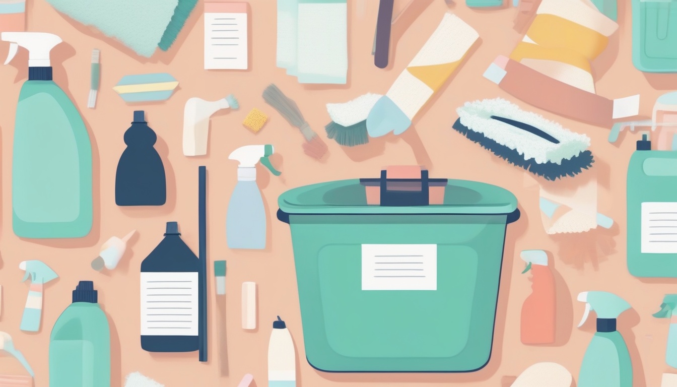 A of cleaning supplies laid out on a table including spra...