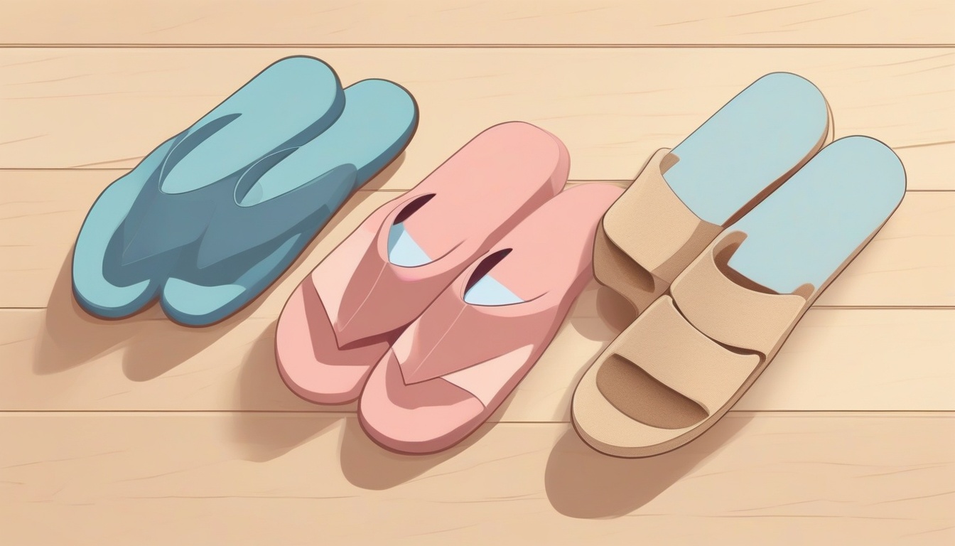 A of three different pairs of indoor slippers arranged si...