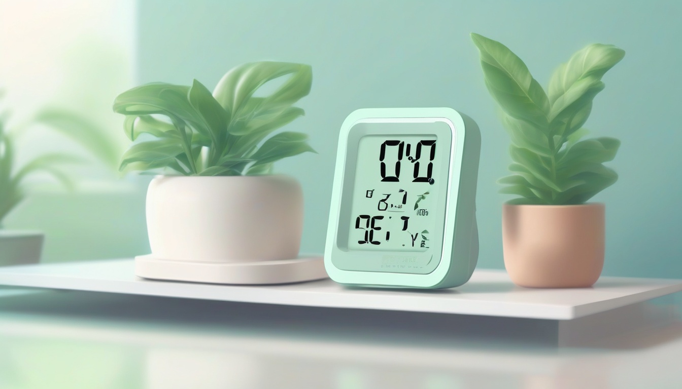 A of a digital hygrometer device on a clean desk next to ...