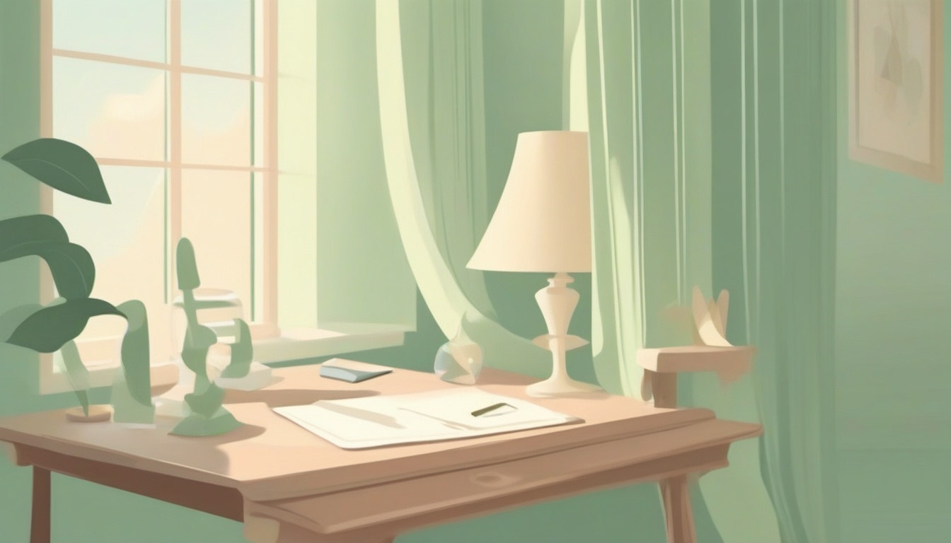 A of a peaceful desk scene with a small hourglass and a g...