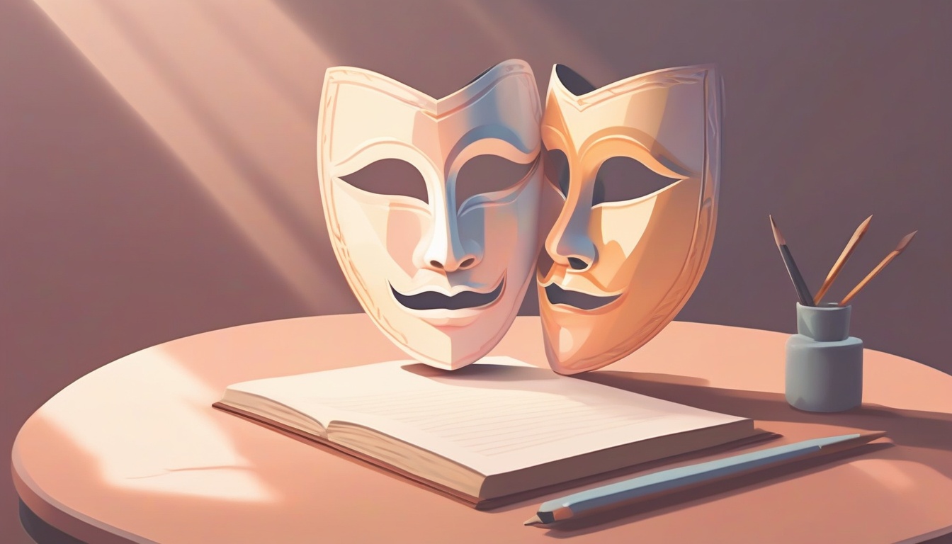 A of a theater mask softly merging into a human heart out...