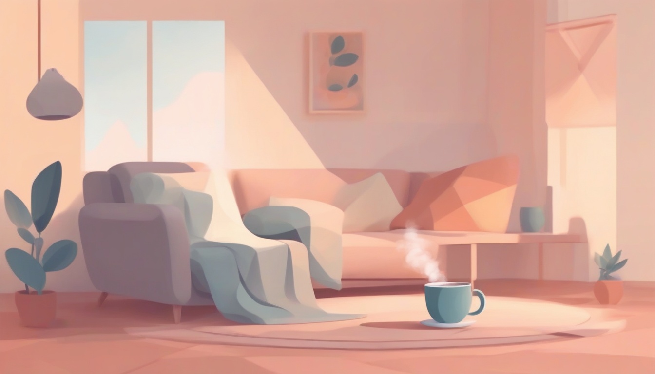 A of a warm cup of tea with steam rising in a cozy room w...