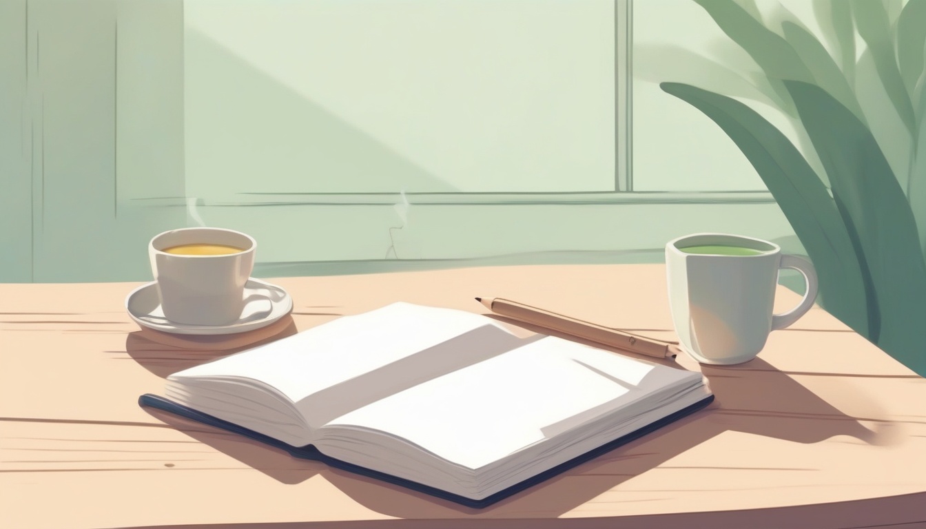 A of a clean wooden desk with an open notebook
