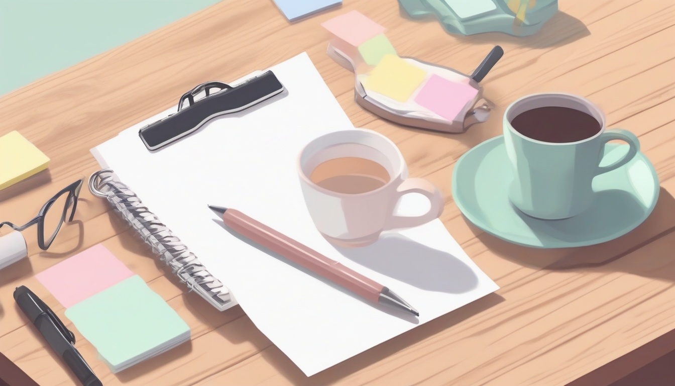 , a clipboard with blank checkboxes, a cup of tea and a s...